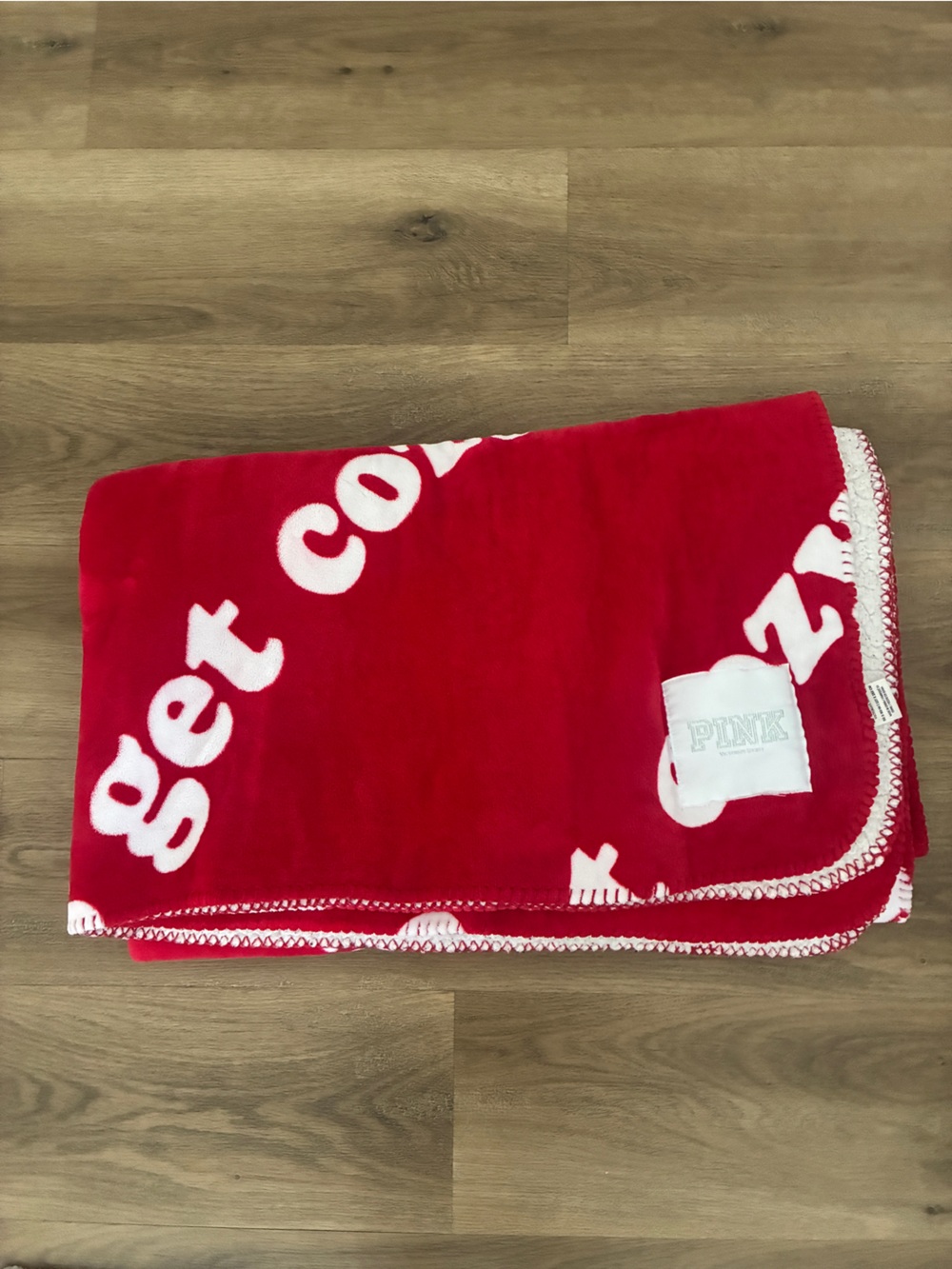 PINK Victoria’s Secret Sherpa Throw Blanket Red White “Let’s Get Cozy” 50x60 EUC